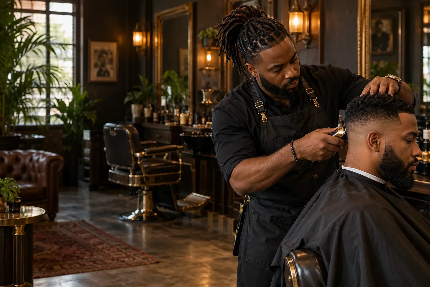 A barber carefully giving a customer a fresh fade in a warm, modern barbershop